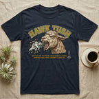 Navy t-shirt with "Hawk Tush Spitting on Tourists" graphic featuring a llama.