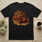 Vintage ink illustration of an Eastern box turtle crawling across sandy pebbles, high-domed shell shown in rust-red and amber, no on-shirt text. — shown on a Black tee.