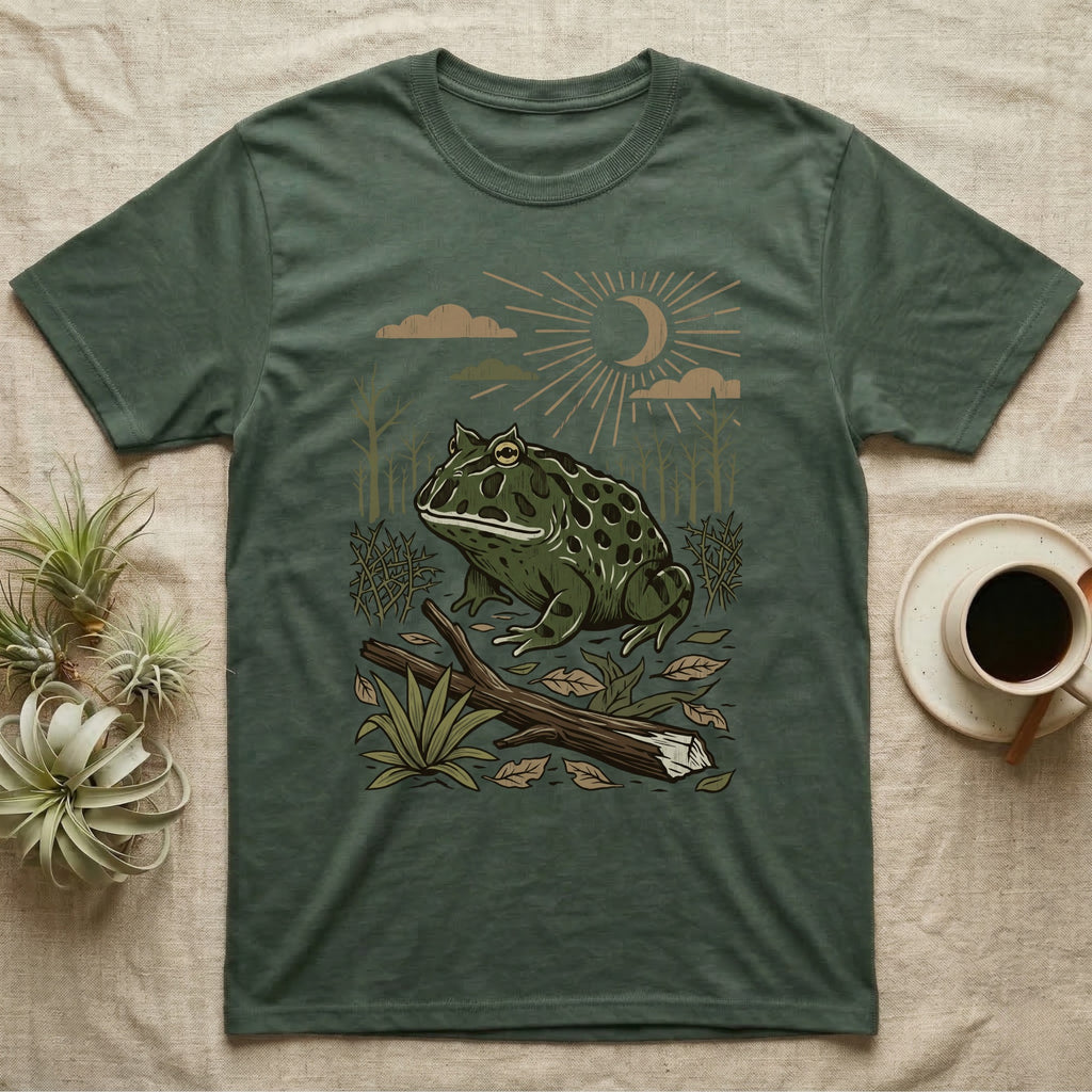Pacman Frog Home Range T-Shirt in Military Green — Woodcut-style illustration of a pacman frog sitting on the Chaco forest floor among fallen branches and thorn scrub, no on-shirt text.