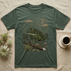 Pacman Frog Home Range T-Shirt in Military Green — Woodcut-style illustration of a pacman frog sitting on the Chaco forest floor among fallen branches and thorn scrub, no on-shirt text.