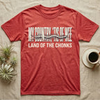 Centipede Land Of Chonks T-Shirt in Heather Red — Black-and-white woodcut centipede across distressed text reading My Country Tis of Wee, Land of the Chonks.