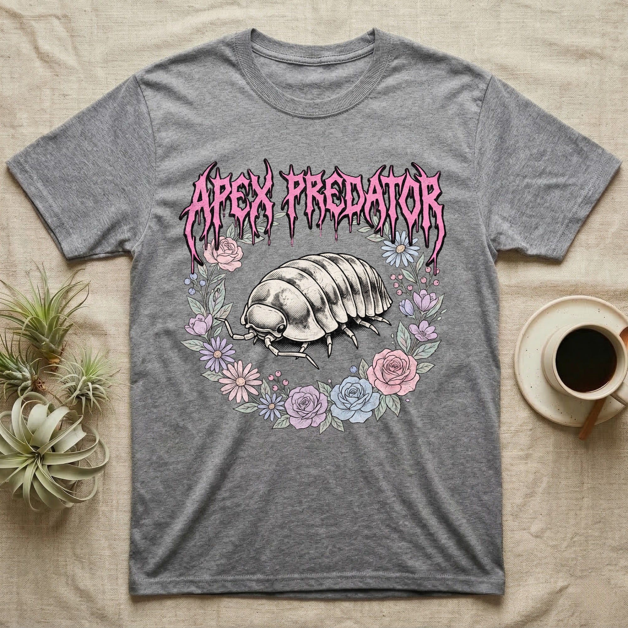 Apex Predator Isopod T-Shirt in Sport Grey — Bootleg design of a cute isopod in a floral wreath under dripping death-metal lettering reading "Apex Predator."