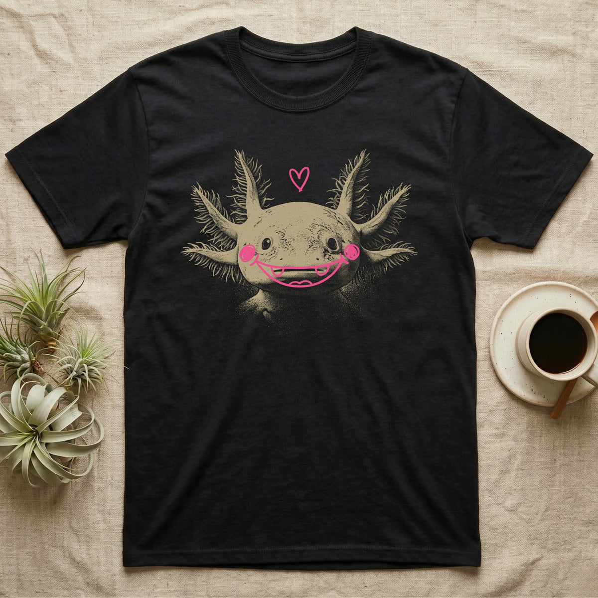 Axolotl Cute Doodle T-Shirt in Black — An axolotl's face with a pink marker grin, blush circles and a heart drawn on the glass.