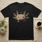 Axolotl Cute Doodle T-Shirt in Black — An axolotl's face with a pink marker grin, blush circles and a heart drawn on the glass.
