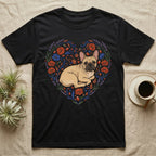 Black t-shirt with a French bulldog illustration surrounded by a floral heart design.