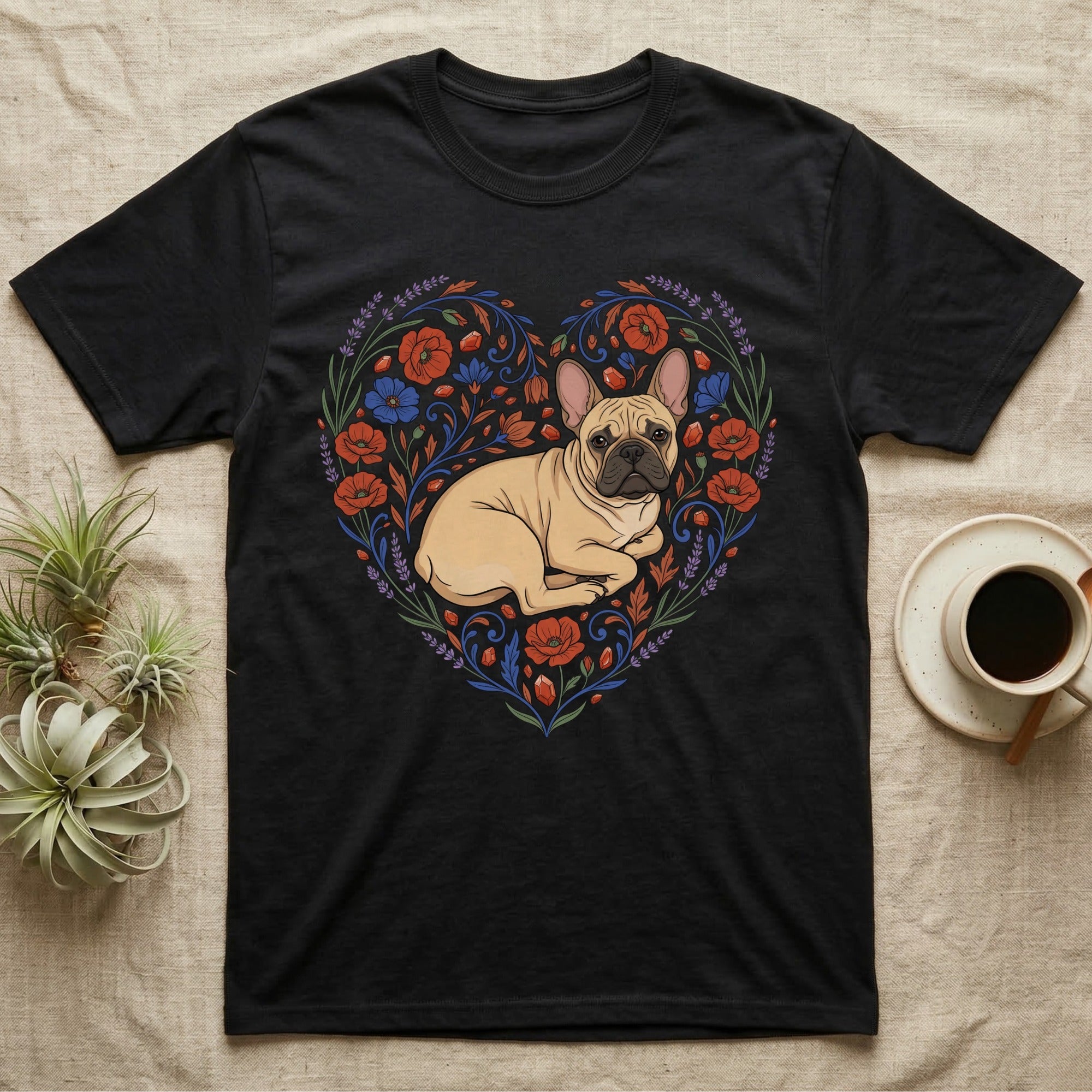 Black t-shirt with a French bulldog illustration surrounded by a floral heart design.