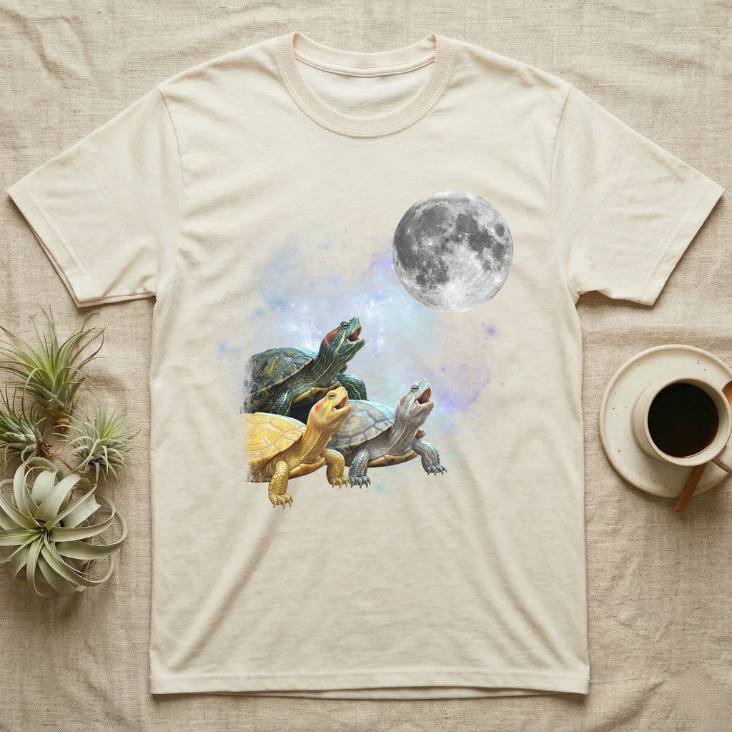 Red-Eared Slider Moon Howl T-Shirt in Natural — Three Red-Eared Slider colour morphs howling at a full moon over a nebula on a dark grey t-shirt.