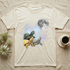 Red-Eared Slider Moon Howl T-Shirt in Natural — Three Red-Eared Slider colour morphs howling at a full moon over a nebula on a dark grey t-shirt.