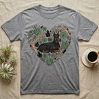 Grey t-shirt with a Doberman Pinscher and succulents forming a heart.