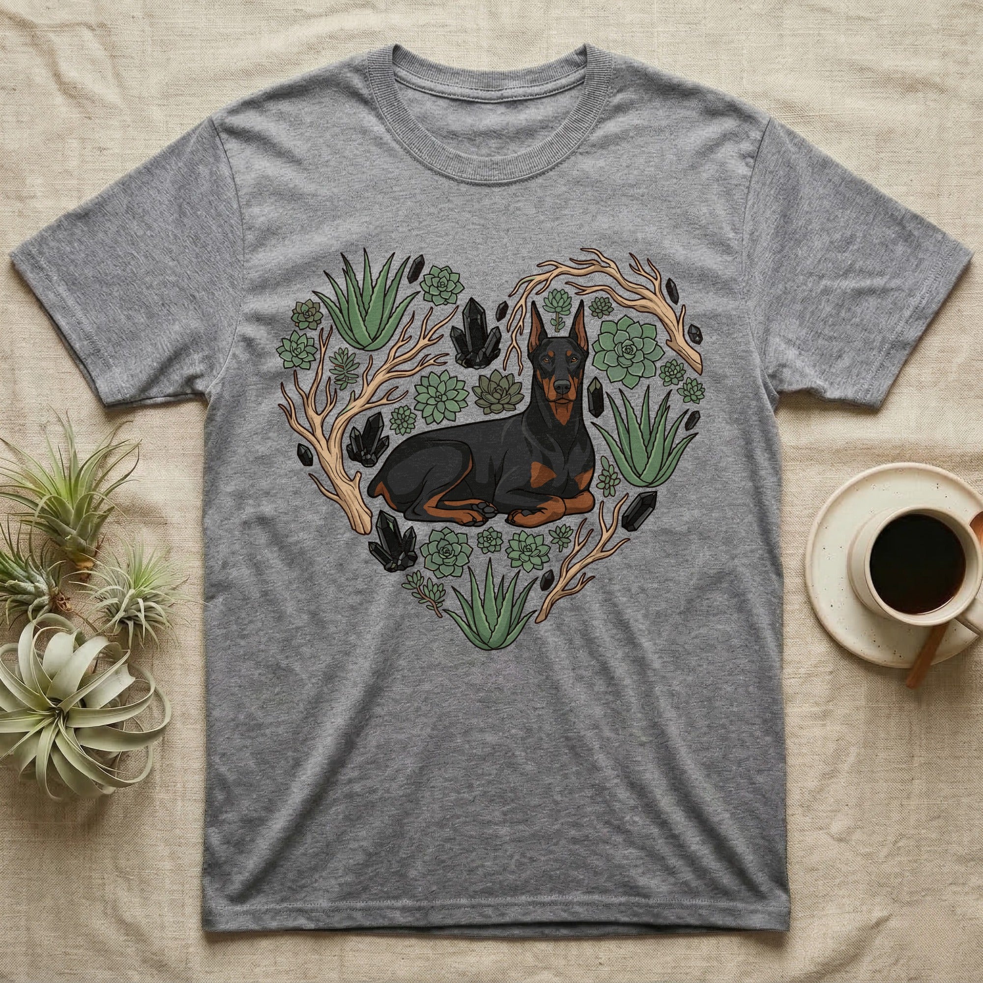 Grey t-shirt with a Doberman Pinscher and succulents forming a heart.