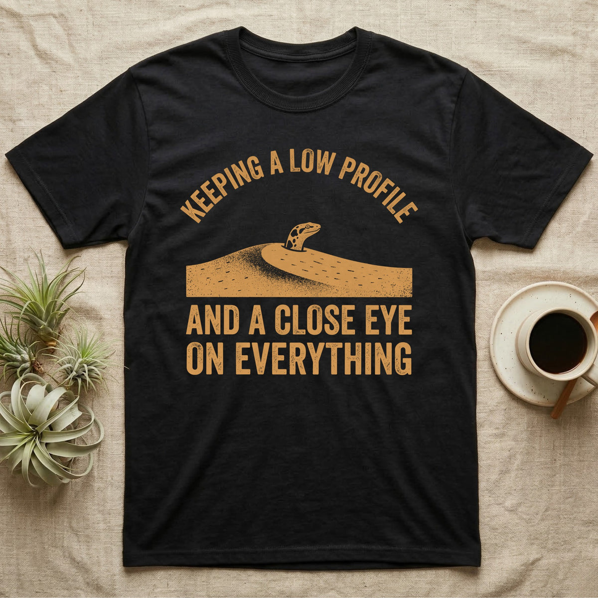 Sand Boa Lookout T-Shirt in Black — Kenyan sand boa head poking out of a sand dune, Keeping a Low Profile and a Close Eye on Everything
