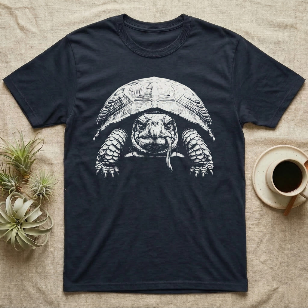 Box Turtle Tough Guy T-Shirt in Navy — Black-and-white photo print of an eastern box turtle staring straight ahead with an earthworm hanging from its beak like a cigarette