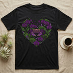 Black t-shirt with a purple crab and purple orchids forming a heart shape.