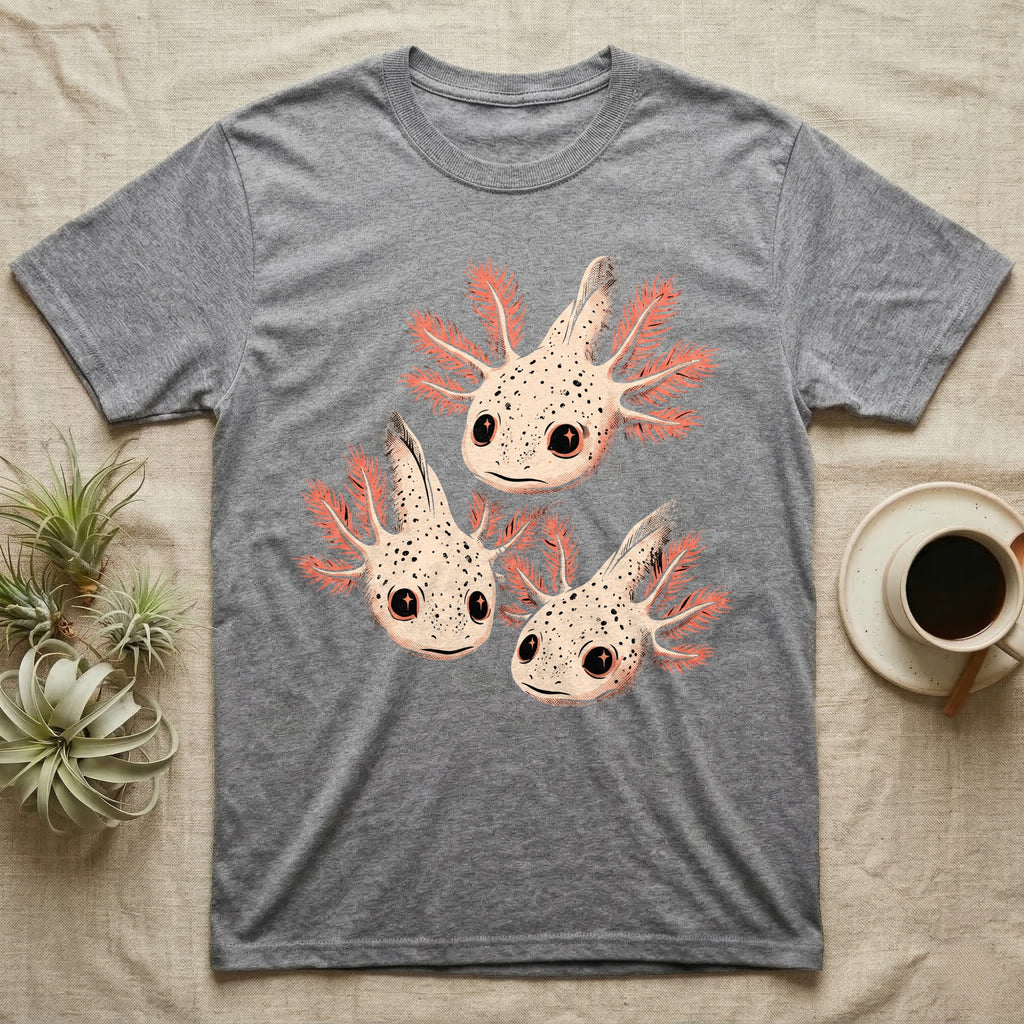 Vintage comic screen-print illustration of three axolotls clustered together with coral feathery gills and sparkling star-highlighted eyes, graphic-only, no text. — shown on a Sport Grey tee.