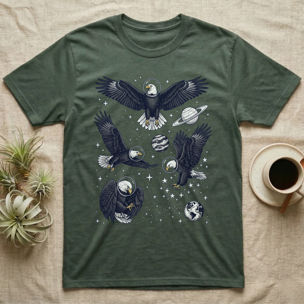 T-shirt with four eagles in space with planets and stars.