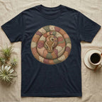 Navy t-shirt with coiled snake design in a quilt pattern.