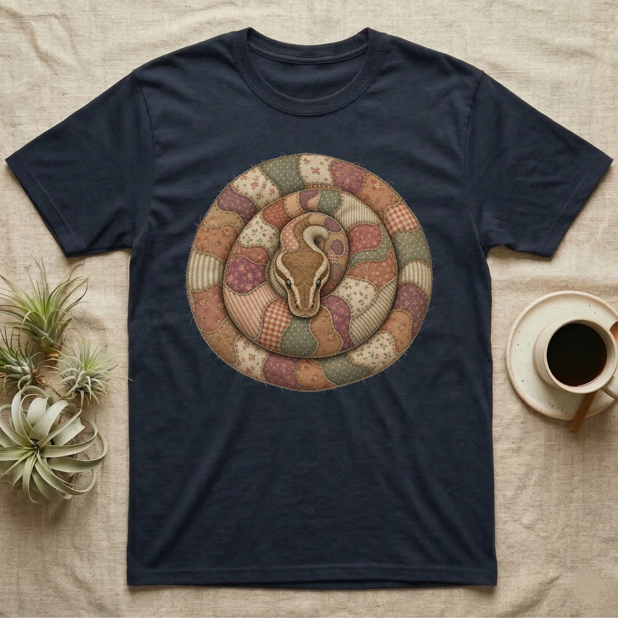 Navy t-shirt with coiled snake design in a quilt pattern.