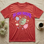 Mourning Gecko Feral T-Shirt in Heather Red — Mourning gecko on a leaf flanked by clone silhouettes under a jagged violet metal "NO MEN NEEDED" wordmark.