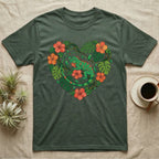 Green t-shirt with a heart design featuring an iguana and tropical flowers.