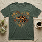 T-shirt with a heart-shaped illustration of a blue-tongued skink and tropical leaves.