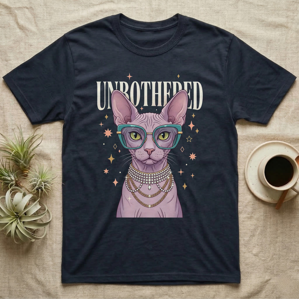 Sphynx cat wearing glasses and pearls on a dark t-shirt.