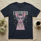 Sphynx cat wearing glasses and pearls on a dark t-shirt.