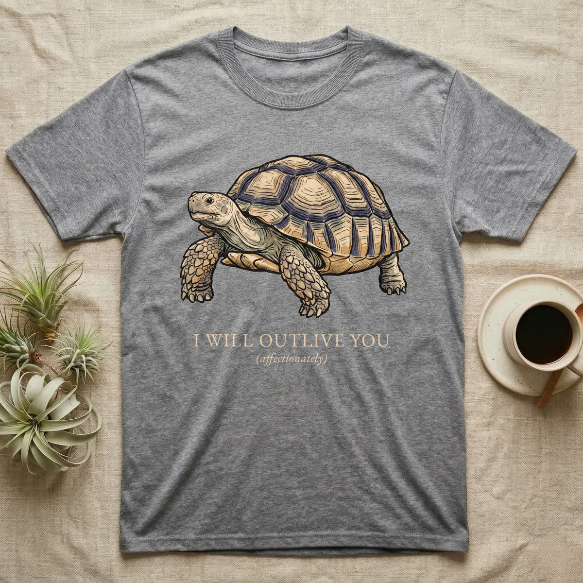 Sulcata Outlive You T-Shirt in Sport Grey — Ukiyo-e woodblock illustration of a sulcata tortoise in profile with a deadpan serif caption about outliving you.