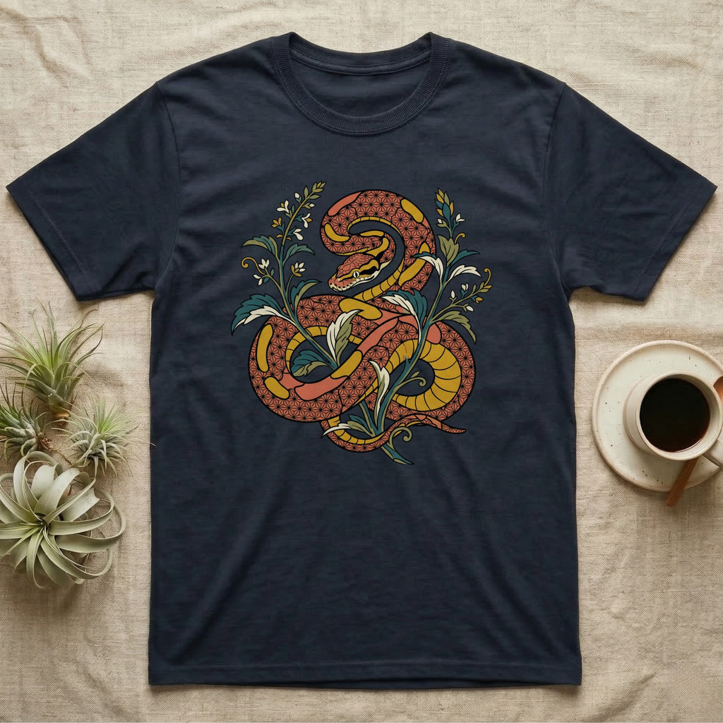 Navy t-shirt featuring a coiled snake with floral accents in orange, yellow, and green.
