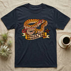 Dramatic Dad Hognose T-Shirt in Navy — Tattoo-flash illustration of a hognose snake mid-dramatic-flop with a banner reading World's Most Dramatic Dad.