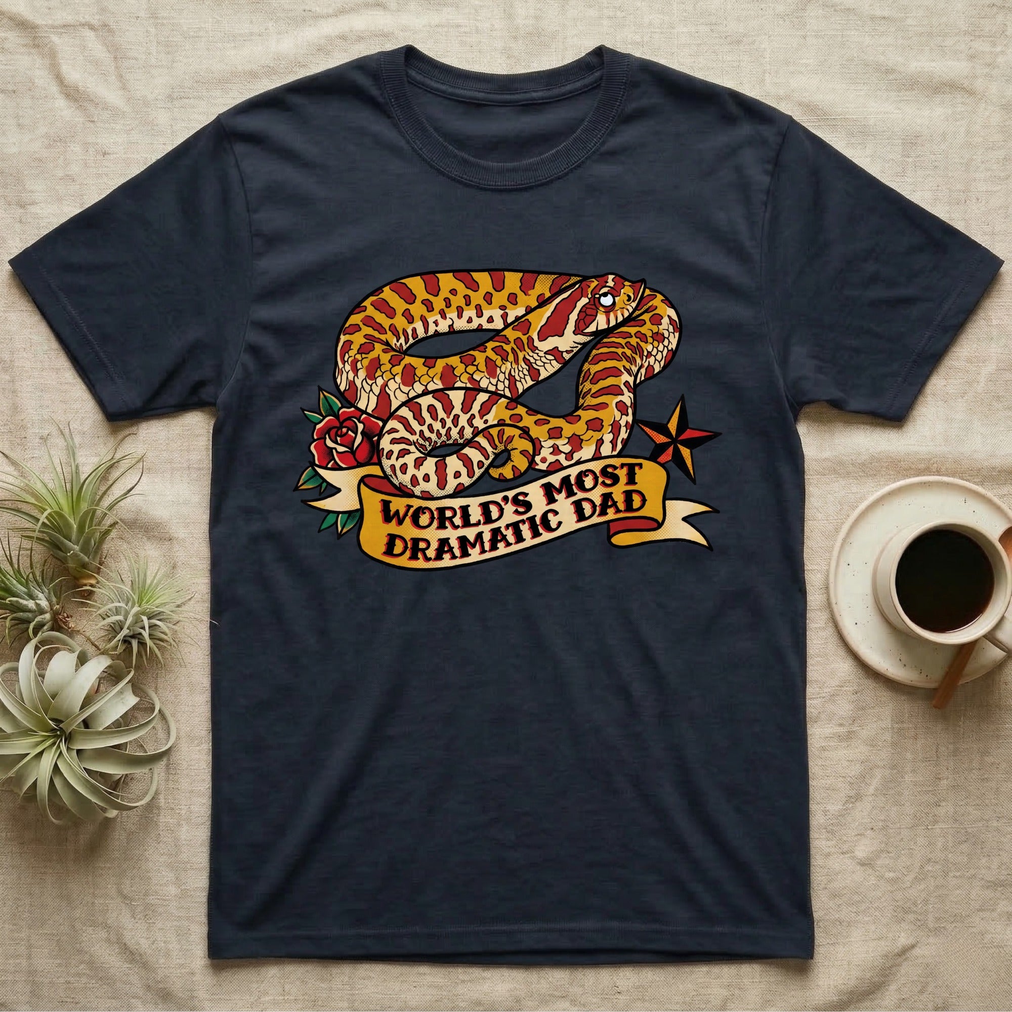 Dramatic Dad Hognose T-Shirt in Navy — Tattoo-flash illustration of a hognose snake mid-dramatic-flop with a banner reading World's Most Dramatic Dad.