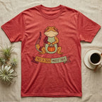 Bearded Dragon Mostly Treat T-Shirt in Heather Red — Patchwork-quilt bearded dragon holding a pumpkin pail, banner reading "Trick or Treat? Mostly Treat."