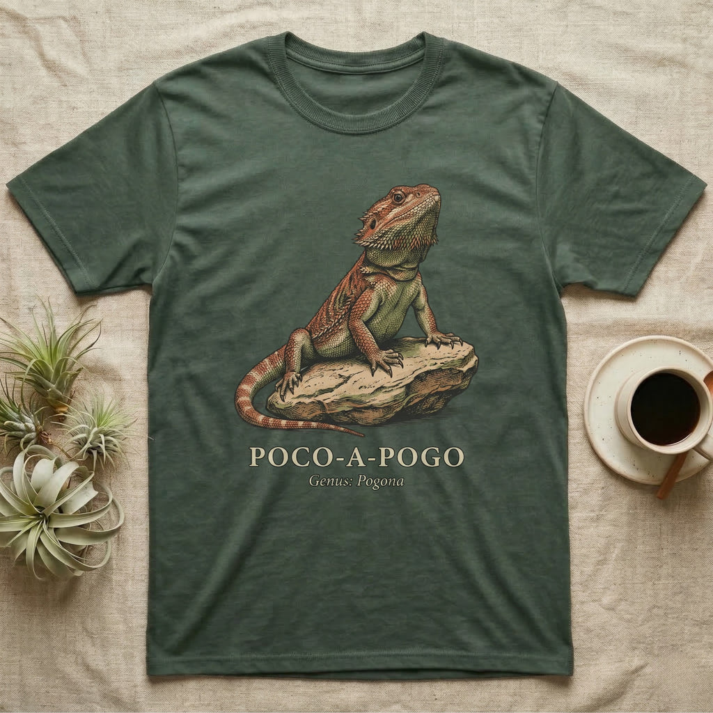 Green t-shirt with a bearded dragon on a rock, text reads "Poco-A-Pogo".