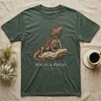 Green t-shirt with a bearded dragon on a rock, text reads "Poco-A-Pogo".