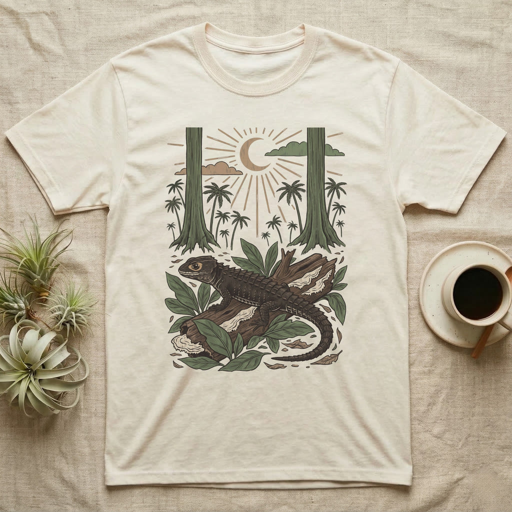 Crocodile Skink Home Range T-Shirt in Natural — Woodcut-style illustration of a red-eyed crocodile skink crouched on a rainforest log among broad leaves and palms, no on-shirt text.