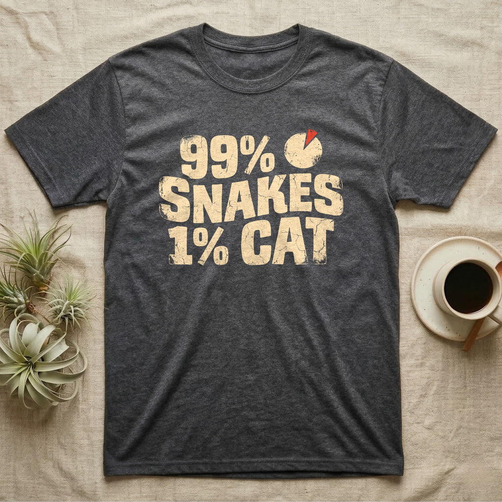99% Snakes Keeper T-Shirt in Dark Heather — Distressed-block wordmark reading 99 percent snakes 1 percent cat with a small pie-chart accent glyph.
