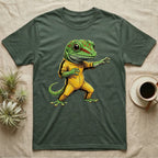 Anthropomorphic giant day gecko in a yellow-and-black martial-arts jumpsuit, low fighting stance, bold vintage-comic ink outlines and halftone shading, graphic-only design. — shown on a Military Green tee.