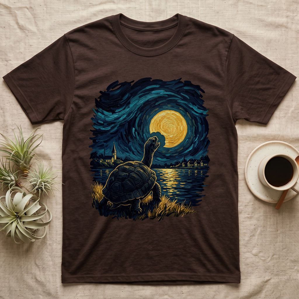 Hermann's Tortoise Moon T-Shirt in Dark Chocolate — Painted Hermann's tortoise seen from behind, neck stretched up, biting a piece out of a golden spiral moon in a swirling blue night sky over a lake