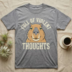 Capybara Violent Thoughts Tee in Sport Grey — Vector-bold portrait of a serenely half-smiling capybara framed by cream slab typography reading "Full Of Violent Thoughts."