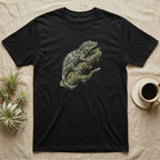 Black t-shirt with a detailed illustration of a gecko on a branch.