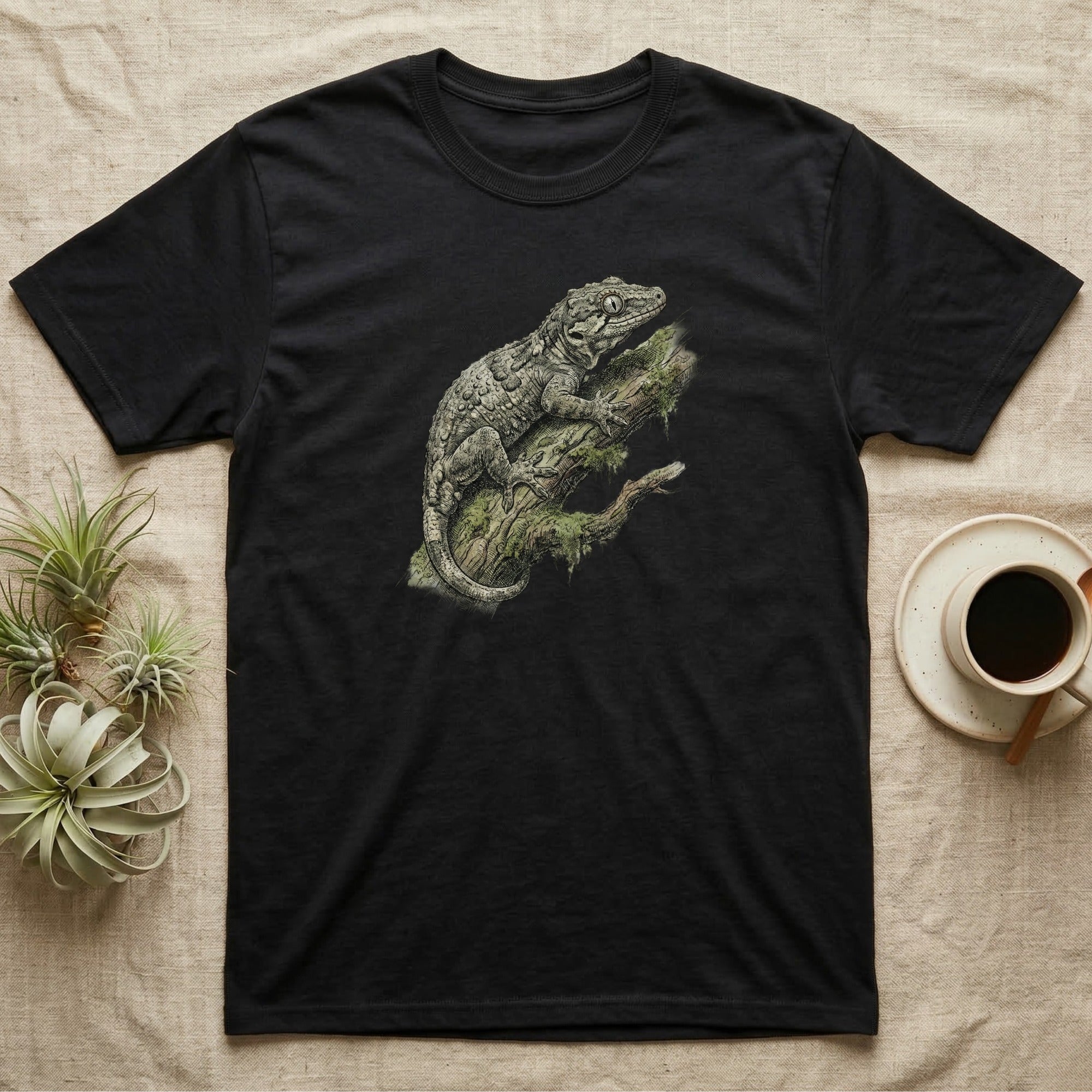 Black t-shirt with a detailed illustration of a gecko on a branch.