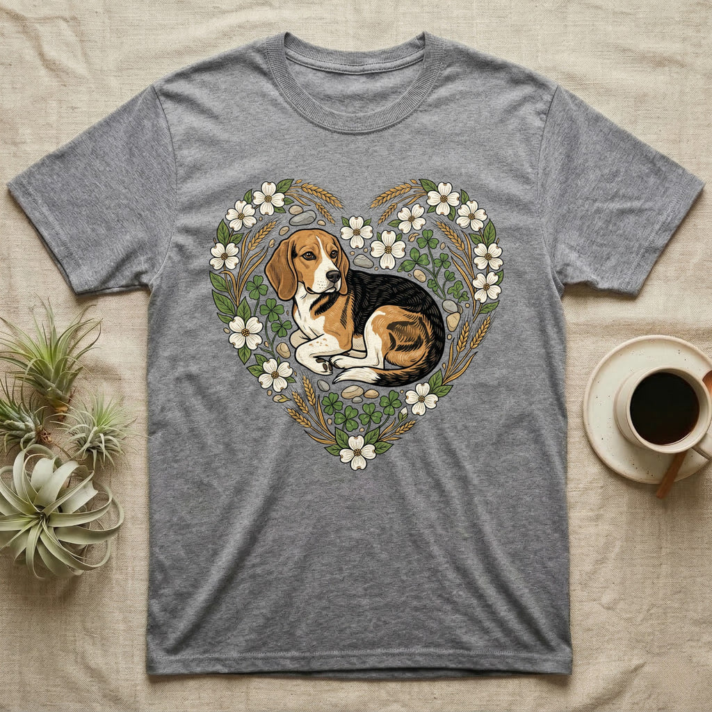Grey t-shirt featuring a beagle dog within a heart-shaped floral and wheat design.