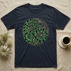 Navy t-shirt featuring a green snake and floral yin-yang design.