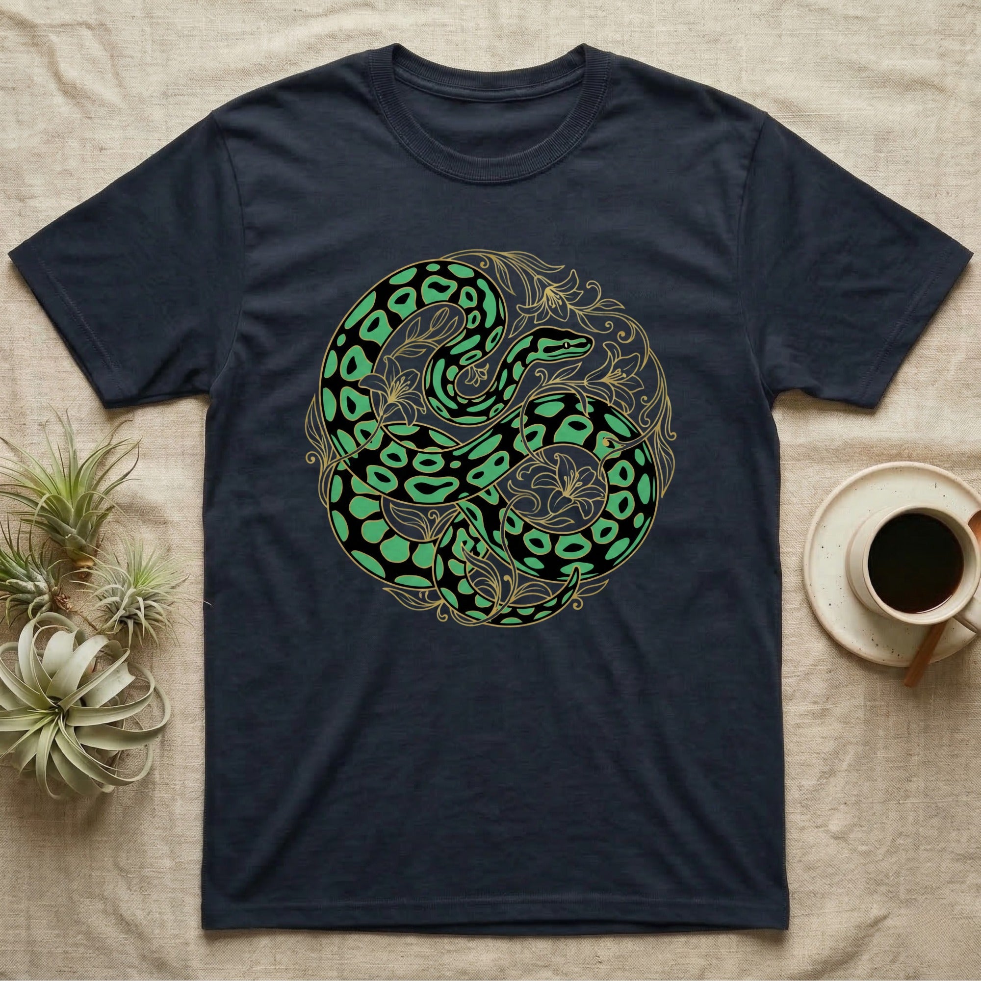 Navy t-shirt featuring a green snake and floral yin-yang design.