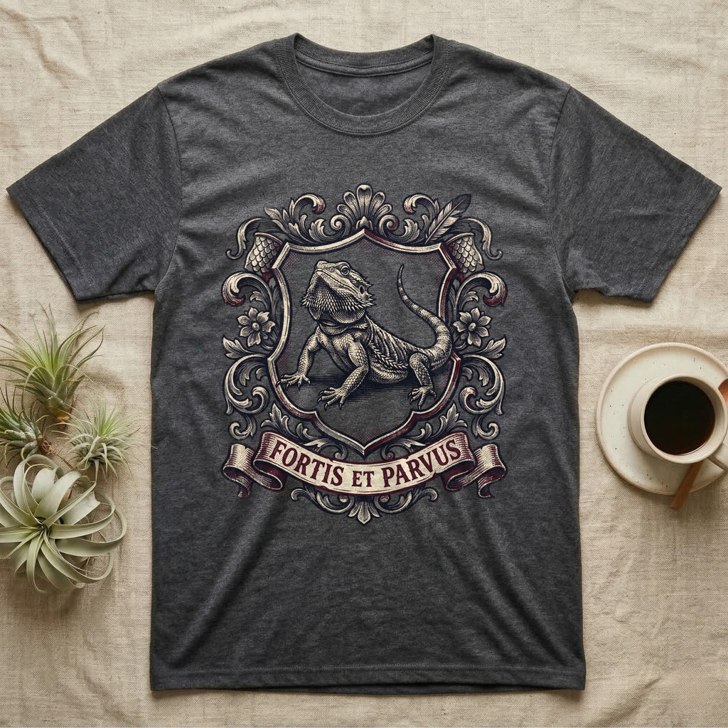 Bearded Dragon Heraldry T-Shirt in Dark Heather — Engraved heraldic crest of a bearded dragon posed as a regal dragon on a shield with a ribbon banner.