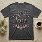 Bearded Dragon Heraldry T-Shirt in Dark Heather — Engraved heraldic crest of a bearded dragon posed as a regal dragon on a shield with a ribbon banner.