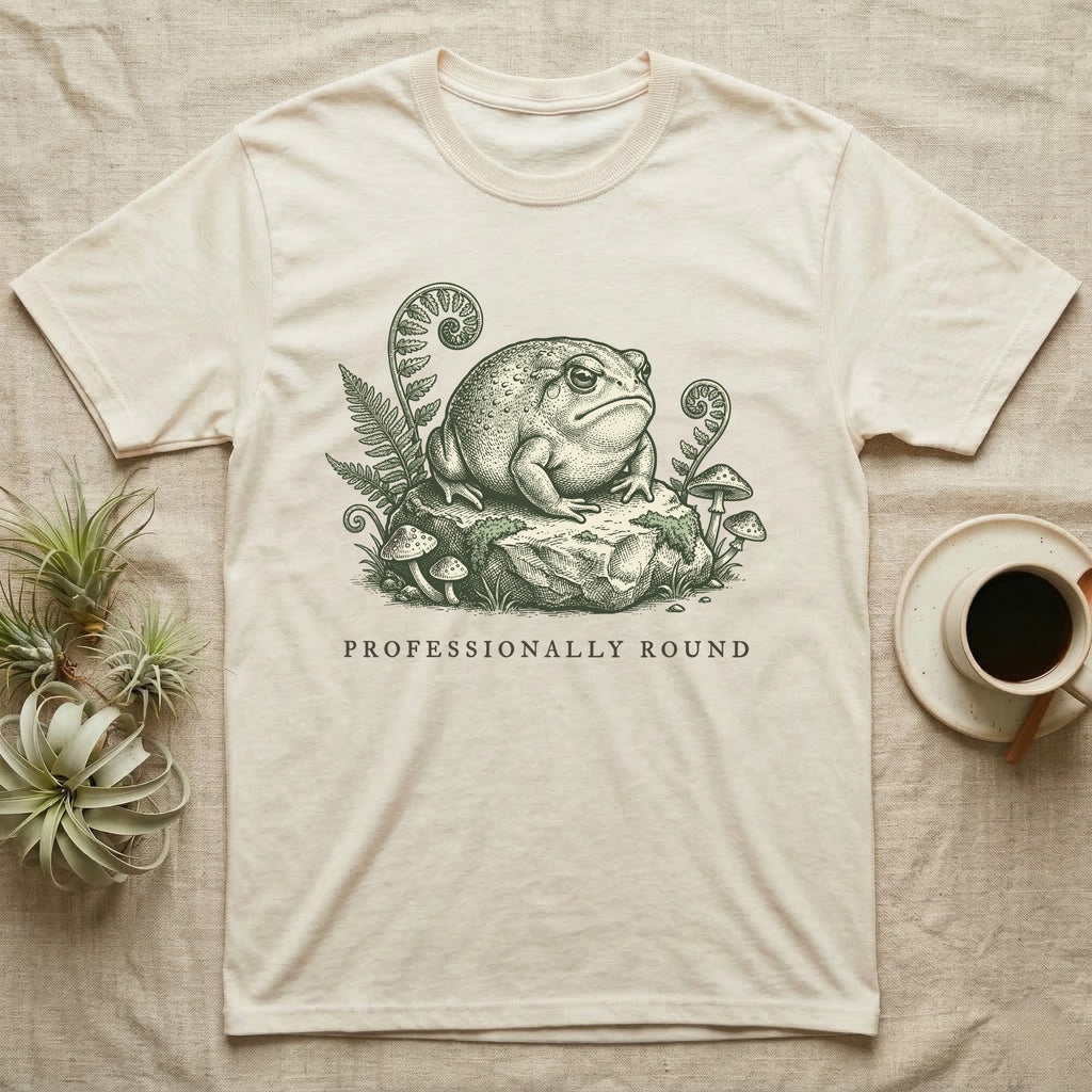 Cream t-shirt with a toad illustration on a rock surrounded by plants and mushrooms.