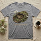 Grey t-shirt with frog in mossy log graphic and text "Currently Occupied".