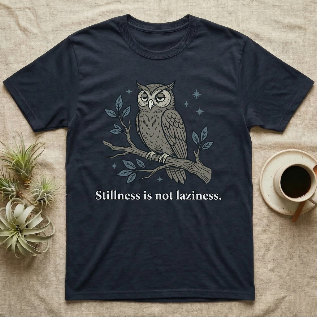 Dark t-shirt with owl on branch graphic and text "Stillness is not laziness."