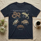 Herpetology 101 Reptile T-Shirt in Navy — Vintage naturalist specimen plate of five terrarium animals arranged as a Herpetology 101 field-guide roster.