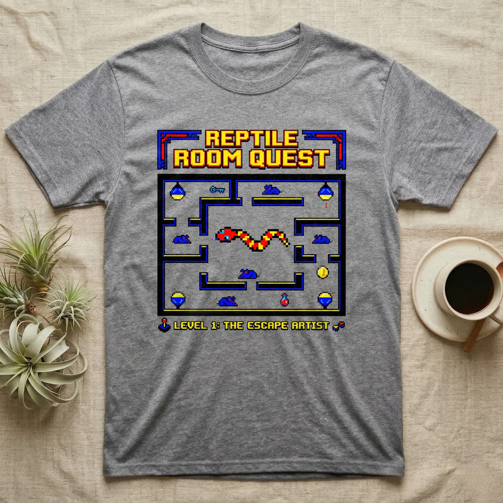 Gray t-shirt with "Reptile Room Quest" and pixelated snake game.